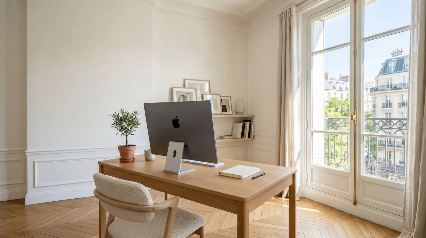 Vue d'ensemble d'un bureau à domicile moderne lumineux, écran d'ordinateur vu de dos avec contenu non visible, carnet et stylo sur le bureau, grande fenêtre avec lumière naturelle, décor français épuré, pièce vide