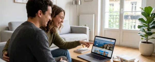 Un jeune couple vu de dos regarde ensemble un écran d'ordinateur portable posé sur une table de salon contemporain, geste de pointage vers l'écran, expression concentrée