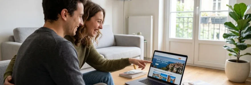 Un jeune couple vu de dos regarde ensemble un écran d'ordinateur portable posé sur une table de salon contemporain, geste de pointage vers l'écran, expression concentrée