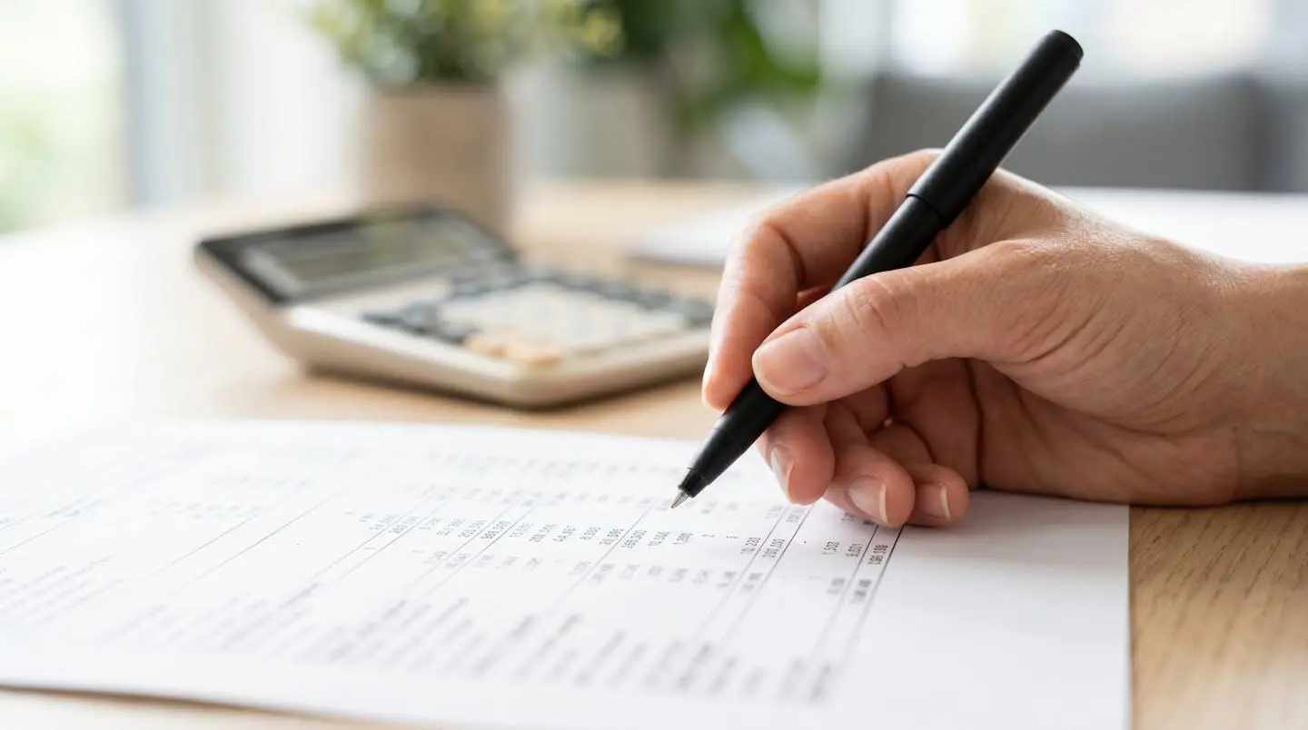 Gros plan d'une main tenant un stylo au-dessus d'un document papier avec chiffres floutés, calculatrice moderne en arrière-plan totalement floue